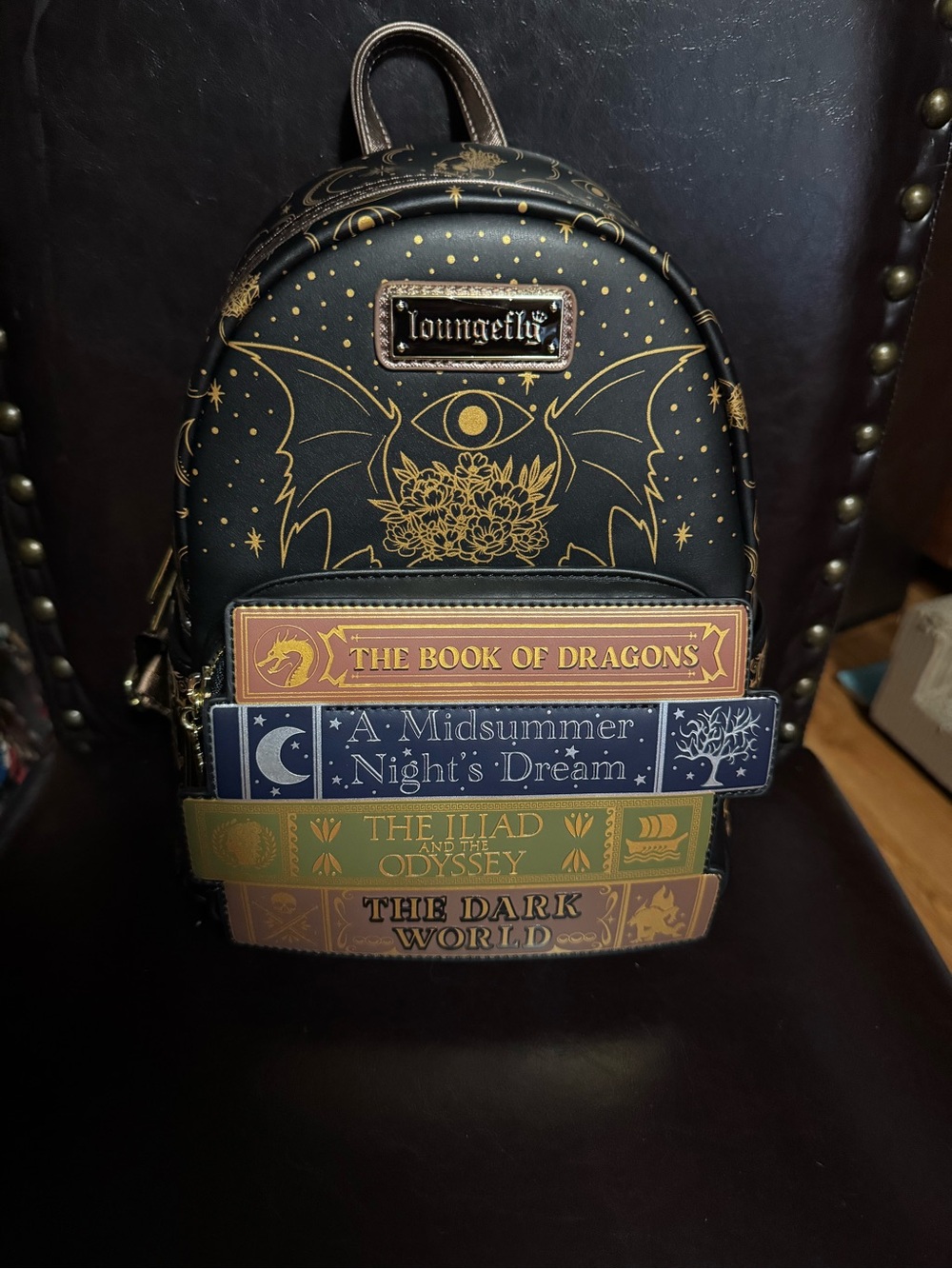 Loungefly Black & Gold 'Book Stack' Mini Backpack with Multicolor Book Appliques